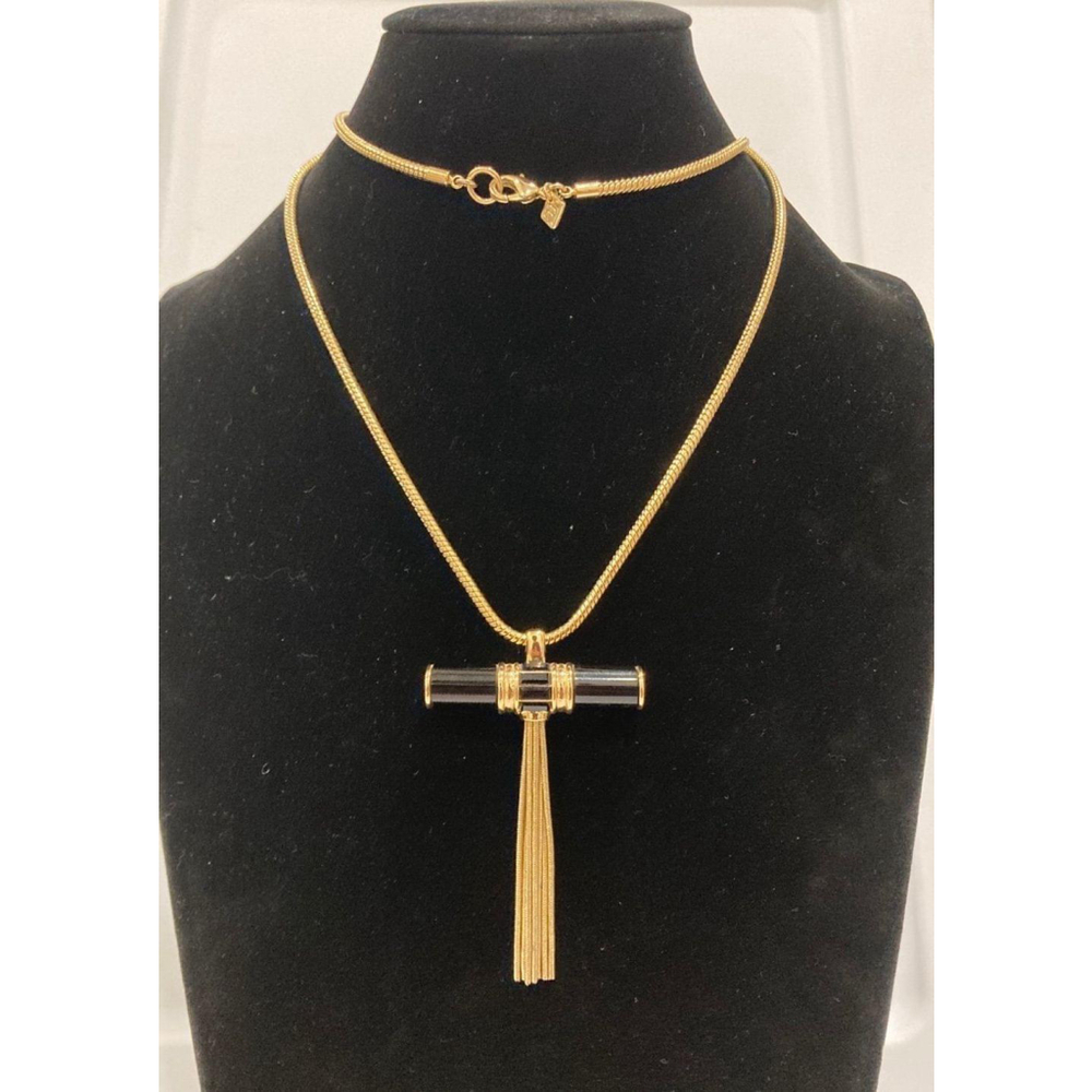 Banana Republic 30” Gold Snake Chain Black Bar Pendant Tassel Necklace
